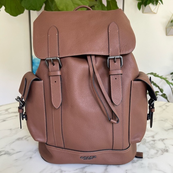Coach Hudson Pebble Leather Backpack CB837 Gunmetal Saddle Tan Brown - Picture 1 of 16